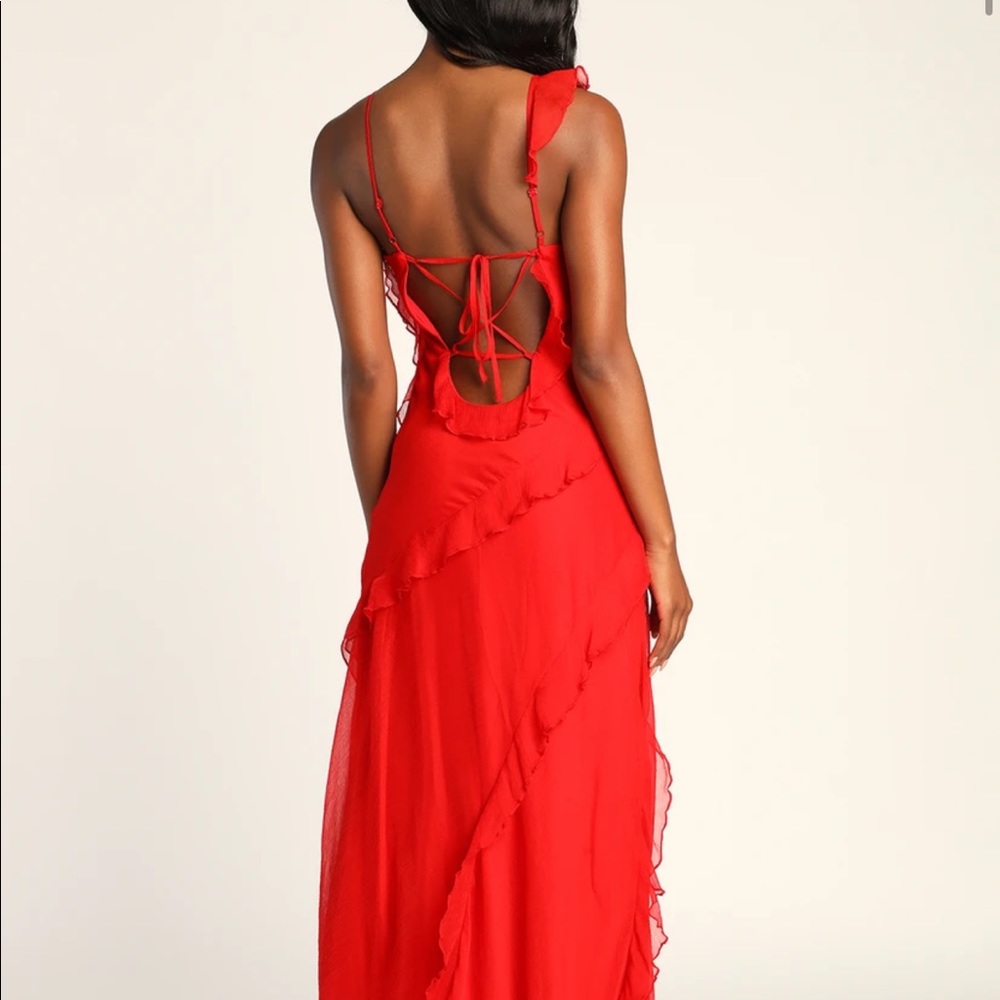 Tier Desire Red Tiered Ruffled Lace-Up Maxi Dress